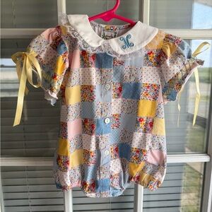 6M Patchwork Floral Baby Romper “M” Embroidered Collar